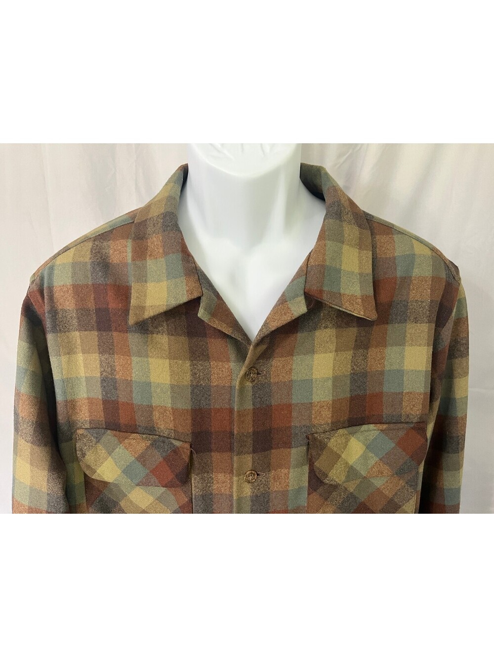 Pendleton Men's Green Gold Brown 100% Wool Rider Loop Collar Shirt EUC